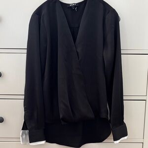DKNY Black Button-Down Wrap Blouse with White Cuff Accent